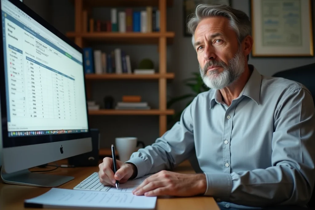 Homme travaillant depuis son bureau à domicile pour calculer la conversion de son salaire brut en net sur tableur
