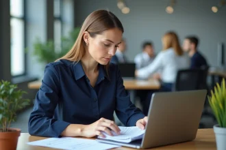 Femme employée de bureau consultant sa fiche de paie et calculant son salaire net à partir du brut sur un ordinateur portable
