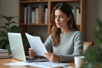 Femme consultant des documents sur ses allocations chômage devant un ordinateur portable dans un bureau à domicile