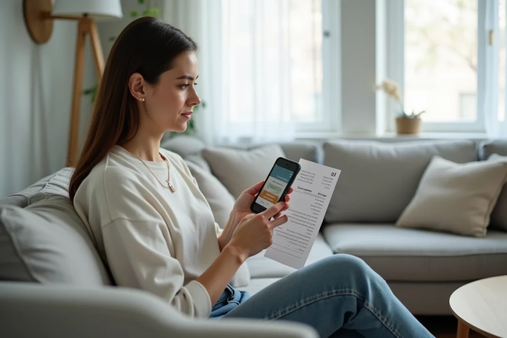 Jeune femme utilisant un simulateur de calcul d'allocations chômage sur smartphone avec une fiche de paie à la main