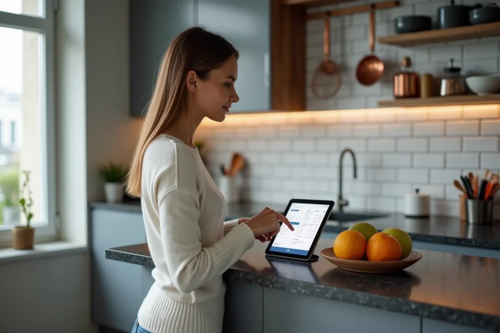 Jeune femme consultant une simulation de fiche de paie sur tablette dans sa cuisine pour comprendre sa conversion brut en net 2026