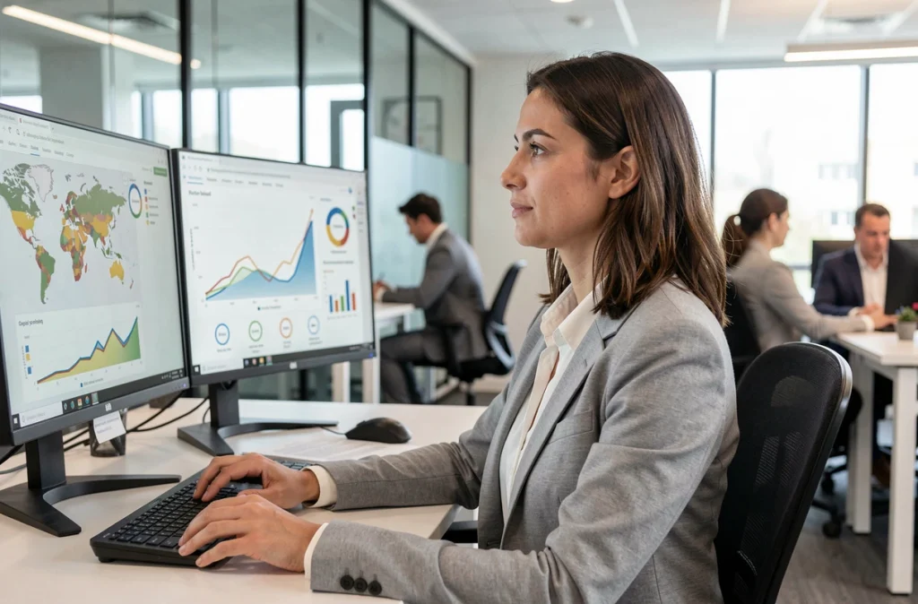 Analyste de données féminine travaillant sur des tableaux de bord de performance environnementale avec des graphiques d'intelligence artificielle dans un bureau corporate