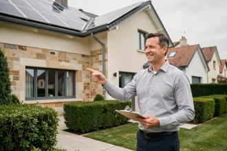 Architecte devant une maison rénovée avec panneaux solaires et nouvelles fenêtres illustrant la rénovation énergétique immobilière