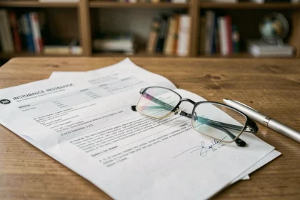 Lunettes de vue posées sur un contrat d'assurance perte lunettes sur un bureau en bois, illustration d'une démarche d'assurance optique