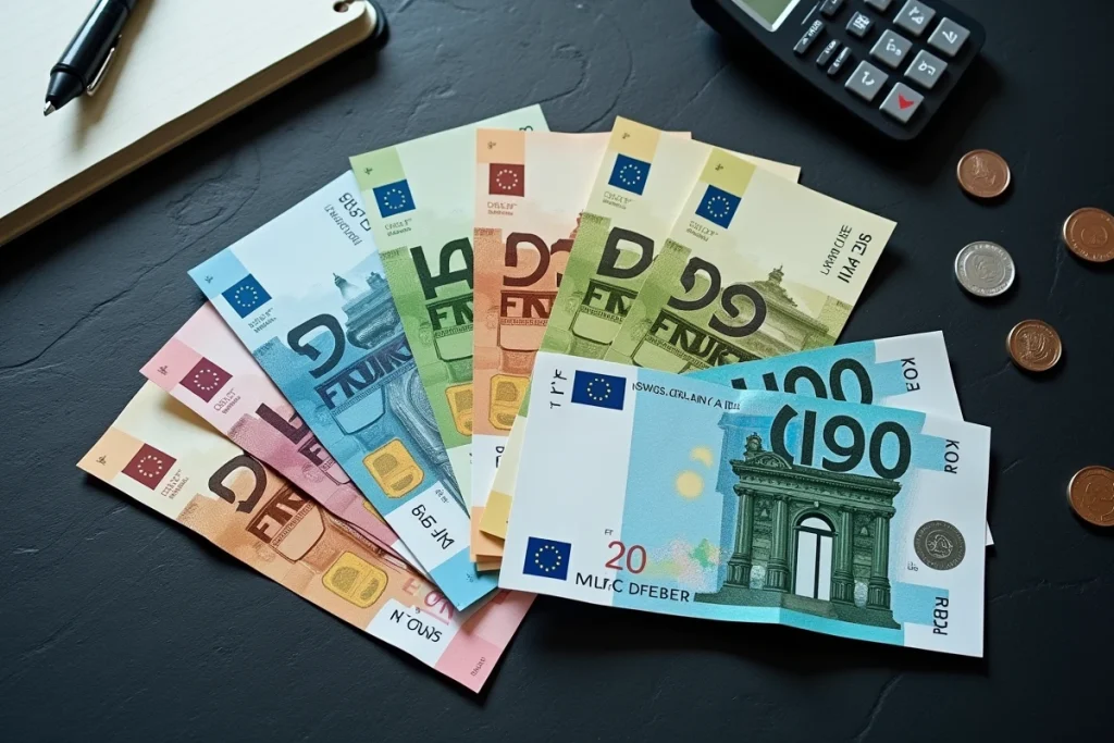 Vue aérienne de billets en francs suisses et en euros disposés côte à côte sur une surface en ardoise