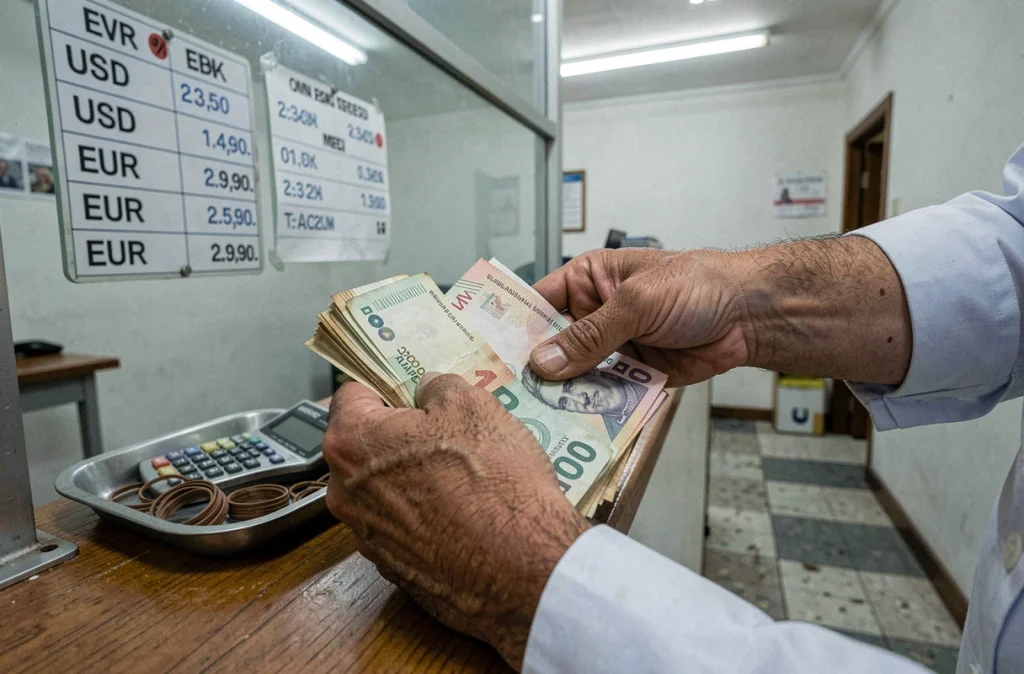 Comptage de pesos argentins dans un bureau de change à Buenos Aires