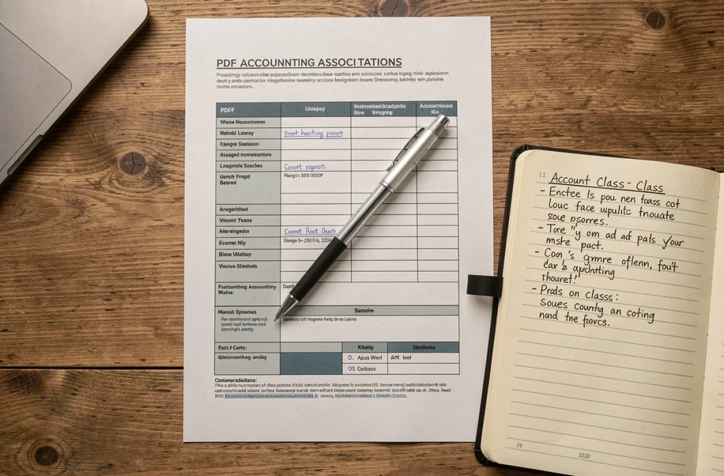 Vue aérienne d'un bureau avec un plan comptable PDF pour associations imprimé, un cahier annoté et un crayon
