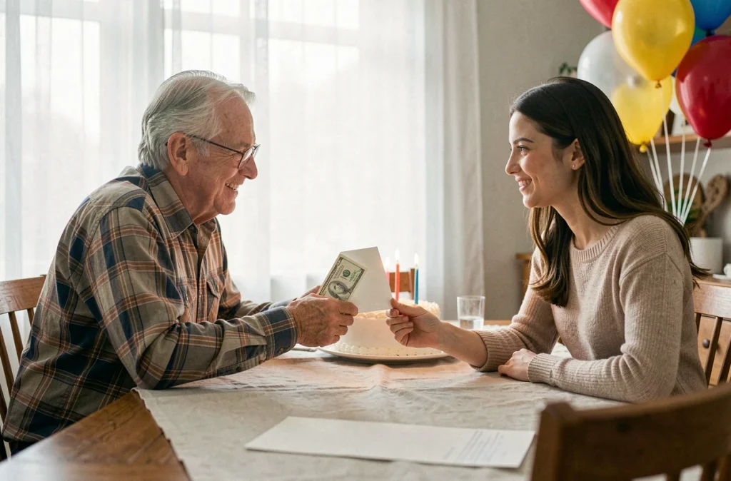 Grand-père offrant une enveloppe avec des billets à sa petite-fille pour son anniversaire autour d'une table familiale