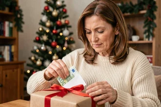 Femme glissant des billets en euros dans un cadeau de Noël emballé en papier kraft avec un ruban rouge