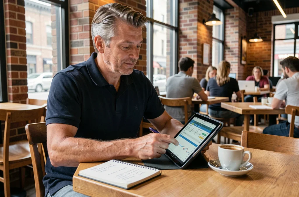 Chauffeur VTC indépendant préparant son bilan comptable dans un café urbain avec tablette