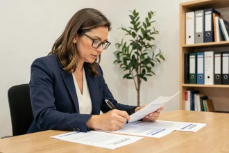 Comptable d'association vérifiant un plan comptable général adapté aux associations sur des documents imprimés