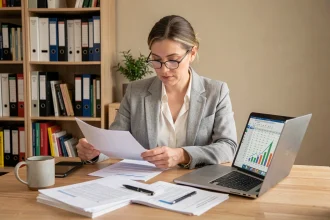 Comptable VTC femme concentrée sur son bilan annuel dans un bureau à domicile organisé