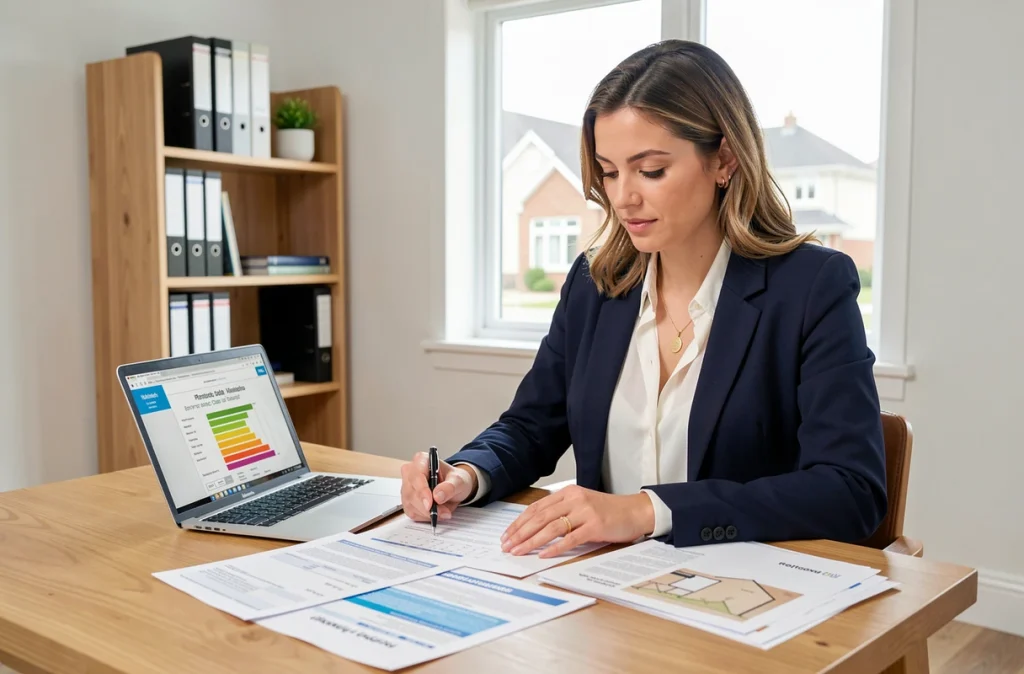 Conseillère en rénovation énergétique analysant des documents d'évaluation immobilière dans un bureau moderne