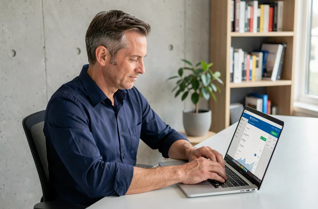 Homme consultant son espace client CA56 sur ordinateur portable au bureau