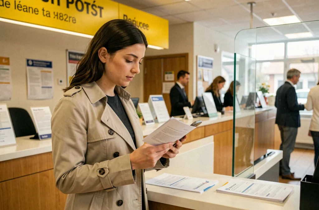 Jeune femme en bureau de poste cherchant comment contacter La Banque Postale autrement que par téléphone