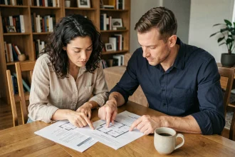 Couple examinant des documents immobiliers ensemble à une table en bois dans un appartement moderne