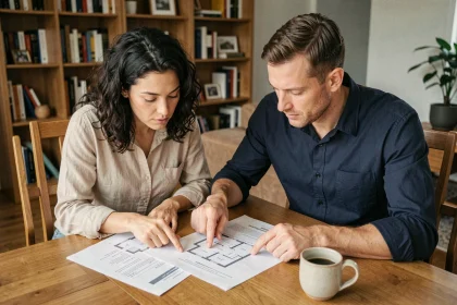 Couple examinant des documents immobiliers ensemble à une table en bois dans un appartement moderne