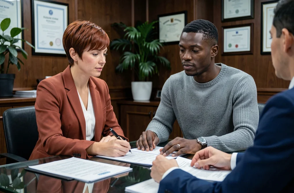 Couple signant un contrat de prêt immobilier avec un conseiller bancaire dans un bureau professionnel