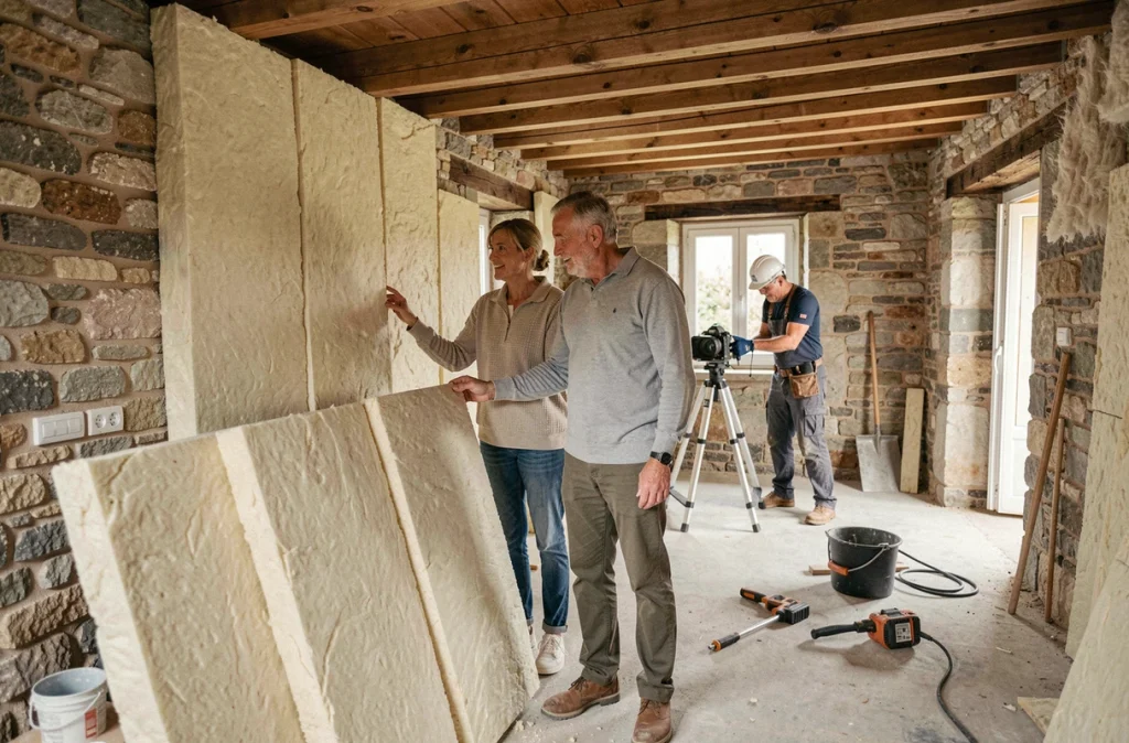 Couple observant les travaux d'isolation intérieure lors d'une rénovation énergétique dans une maison ancienne