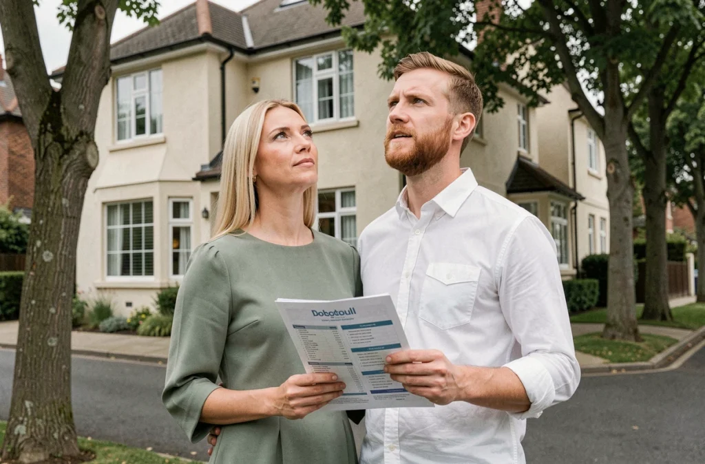 Couple visitant une maison en vente et évaluant la façade lors d'une visite immobilière