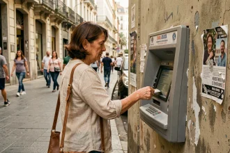 Femme utilisant un distributeur automatique de billets en Argentine à Buenos Aires