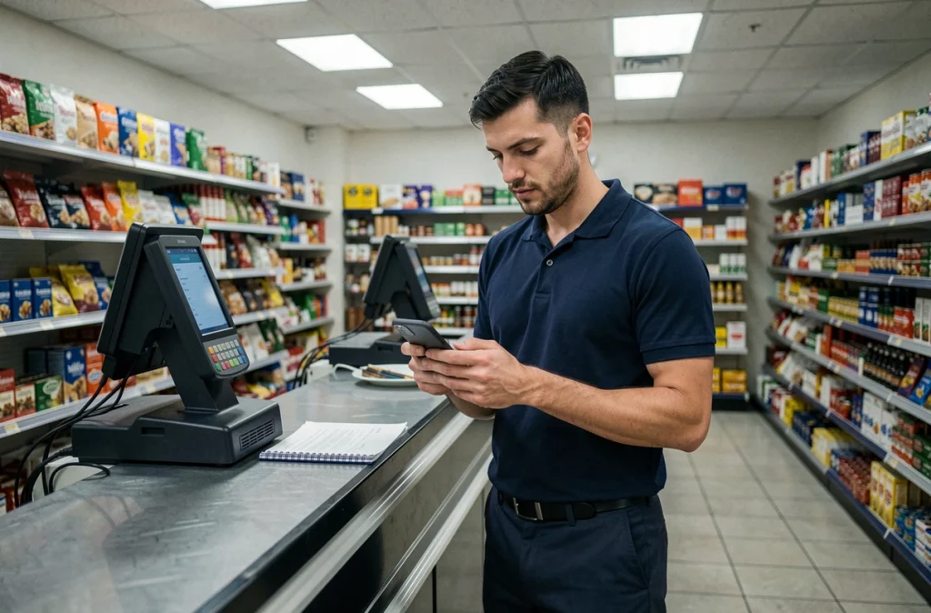 Employé de commerce vérifiant ses revenus et droits à la prime d'activité sur son téléphone