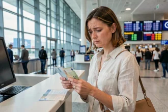 Touriste française perplexe comparant des billets en euros et en livres sterling au bureau de change de l'aéroport de Dublin