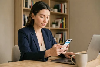 Femme utilisant une application bancaire sur smartphone pour contacter La Banque Postale sans appeler le 3639
