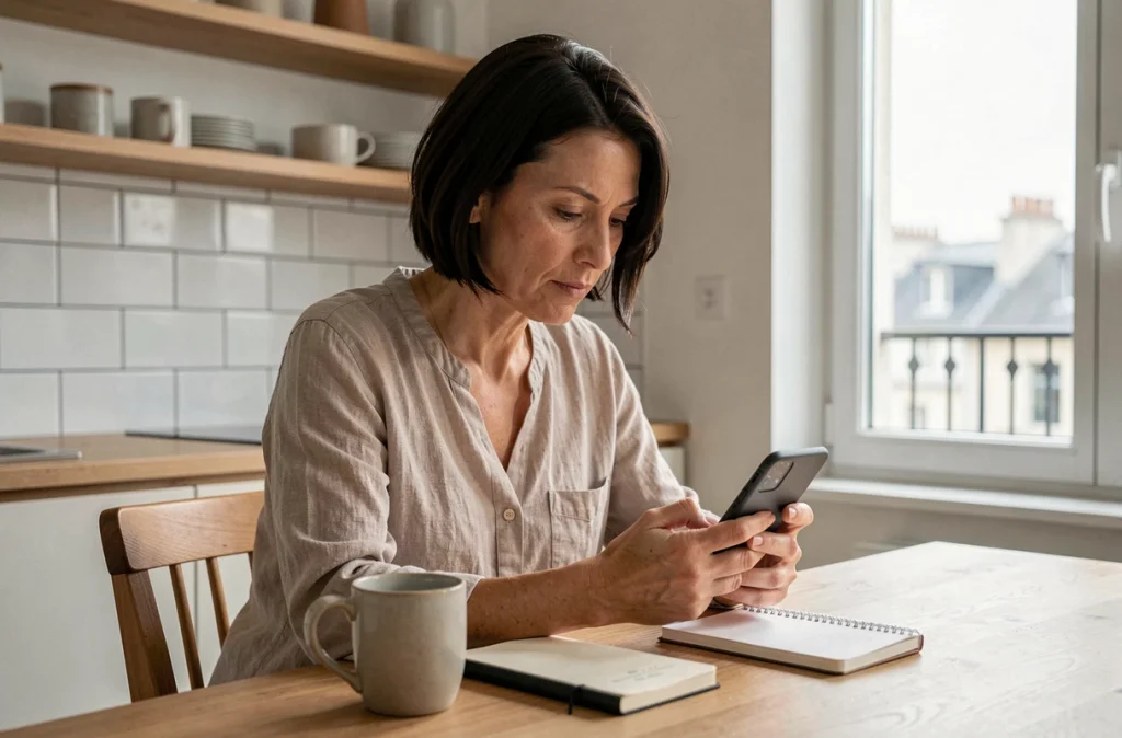 Femme utilisant une application de cagnotte en ligne depuis son appartement à Paris