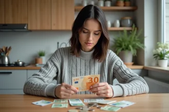 Femme examinant des billets en francs suisses et en euros sur une table en bois dans une cuisine moderne