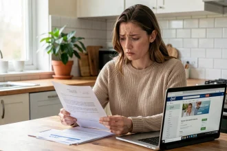 Femme consultant un courrier de la CAF sur la prime d'activité à la maison