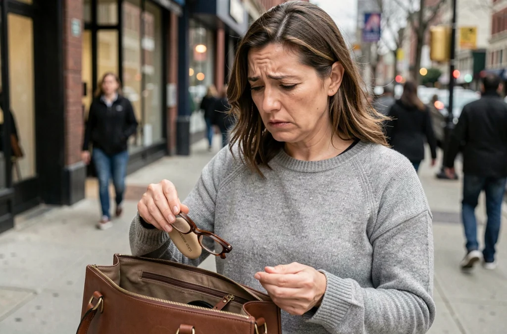 Femme cherchant ses lunettes perdues dans son sac à main en ville, illustrant le risque de perte ou vol de lunettes de vue