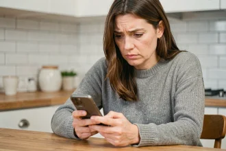 Femme vérifiant un SMS suspect sur son smartphone dans sa cuisine pour éviter une arnaque à la fausse facture Free