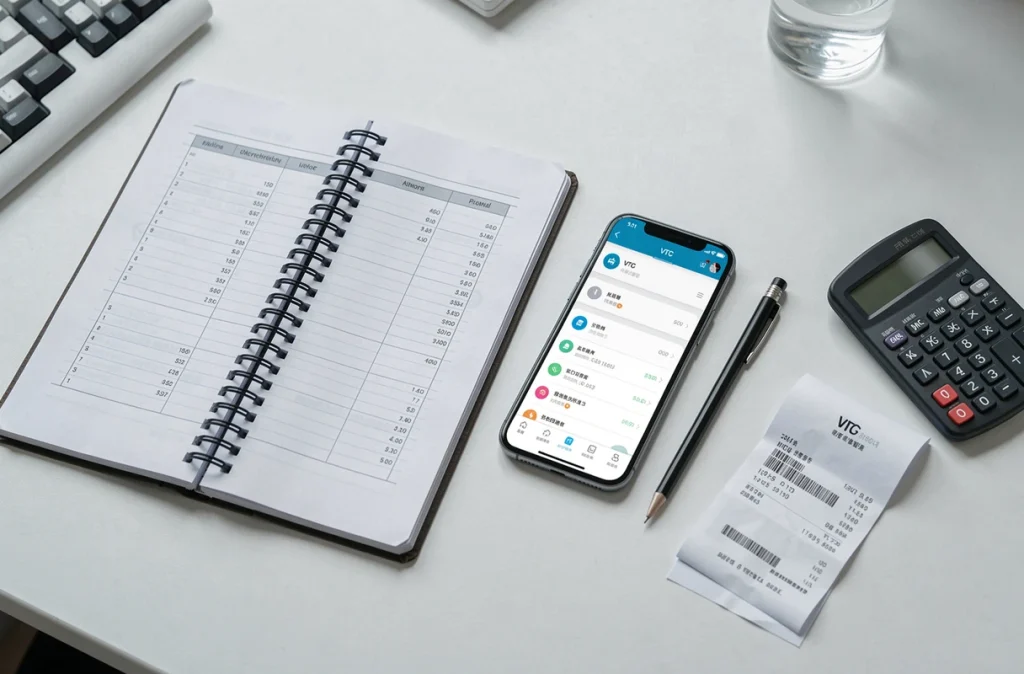Flat-lay comptabilité VTC avec carnet de comptes, smartphone et calculatrice sur bureau blanc
