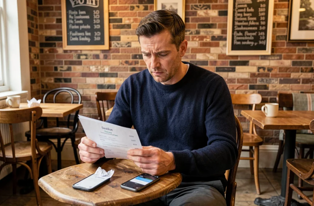 Voyageur français découvrant des frais de transaction imprévus sur son application bancaire dans un café de Dublin