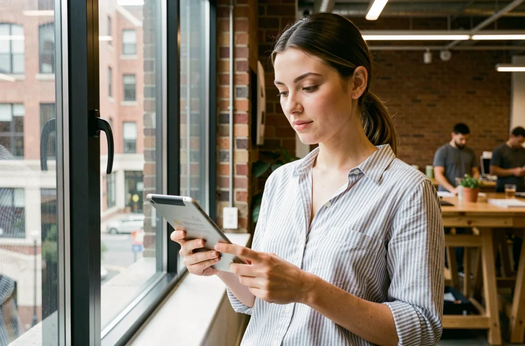 Jeune femme gérant sa carte bancaire CA56 sur tablette dans un espace de coworking