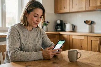 Femme gérant son compte bancaire CA56 sur smartphone depuis chez elle