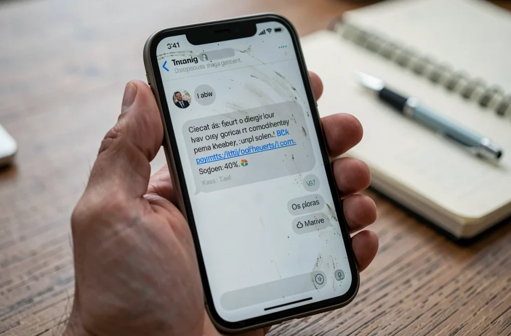 Gros plan d'un smartphone affichant un faux SMS de paiement Free avec un lien frauduleux à ne pas cliquer