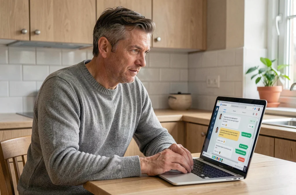 Homme contactant le service client de La Banque Postale par chat en ligne depuis son domicile