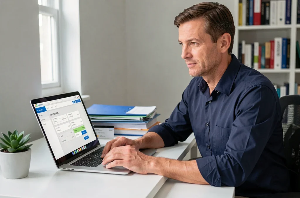 Homme effectuant le paiement en ligne d'une facture Free pour réactiver une ligne suspendue depuis son bureau