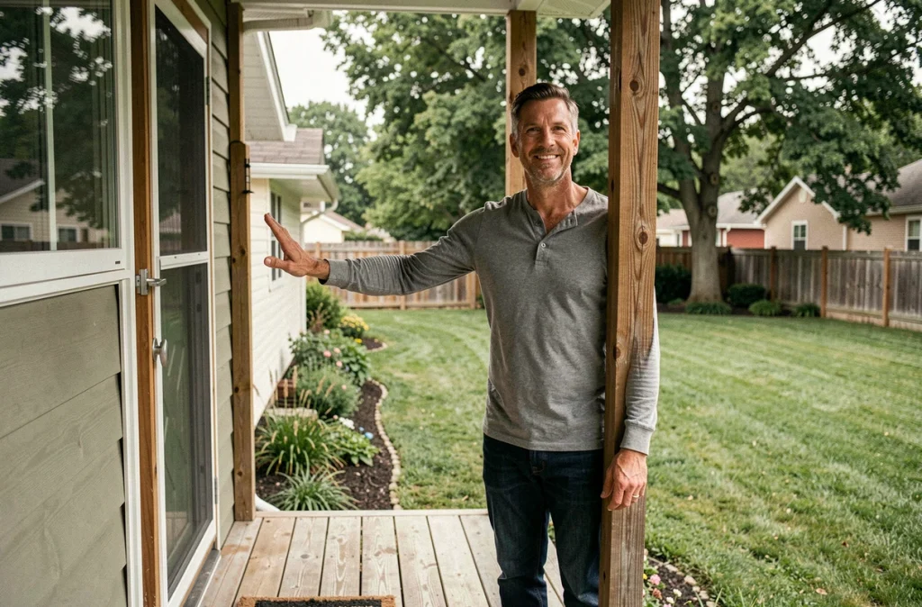 Homme propriétaire debout devant sa maison individuelle avec jardin privé en pleine propriété