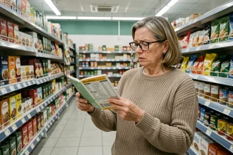 Femme comparant les prix de produits alimentaires dans un supermarché en 2026, illustrant l'inflation sur l'alimentation