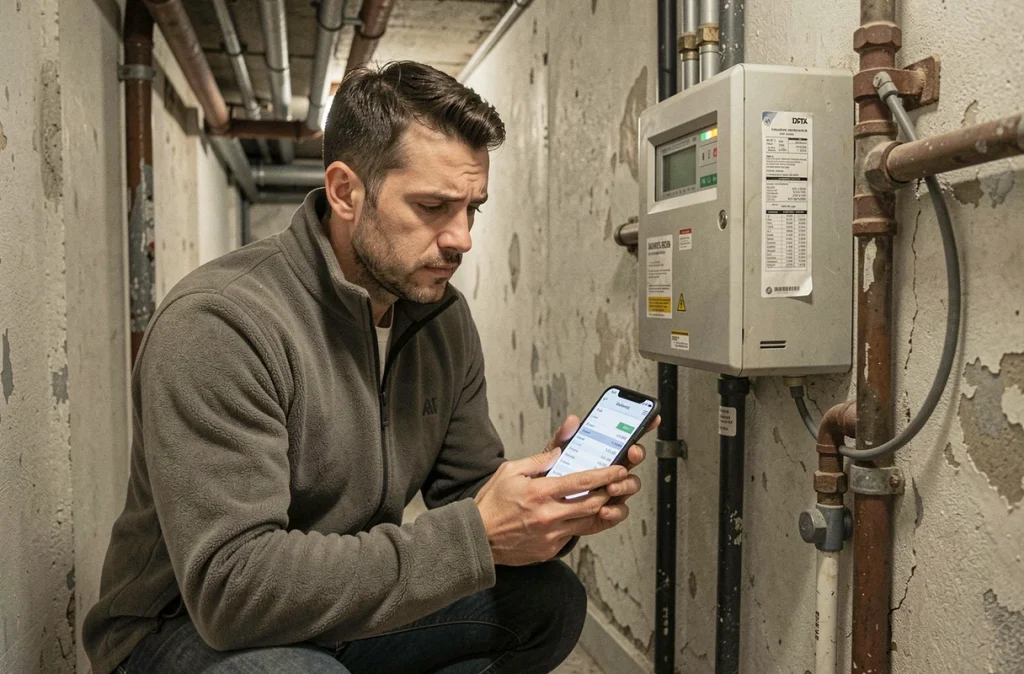 Homme consultant sa facture d'énergie face à un compteur électrique, symbolisant la hausse des prix de l'énergie selon l'INSEE
