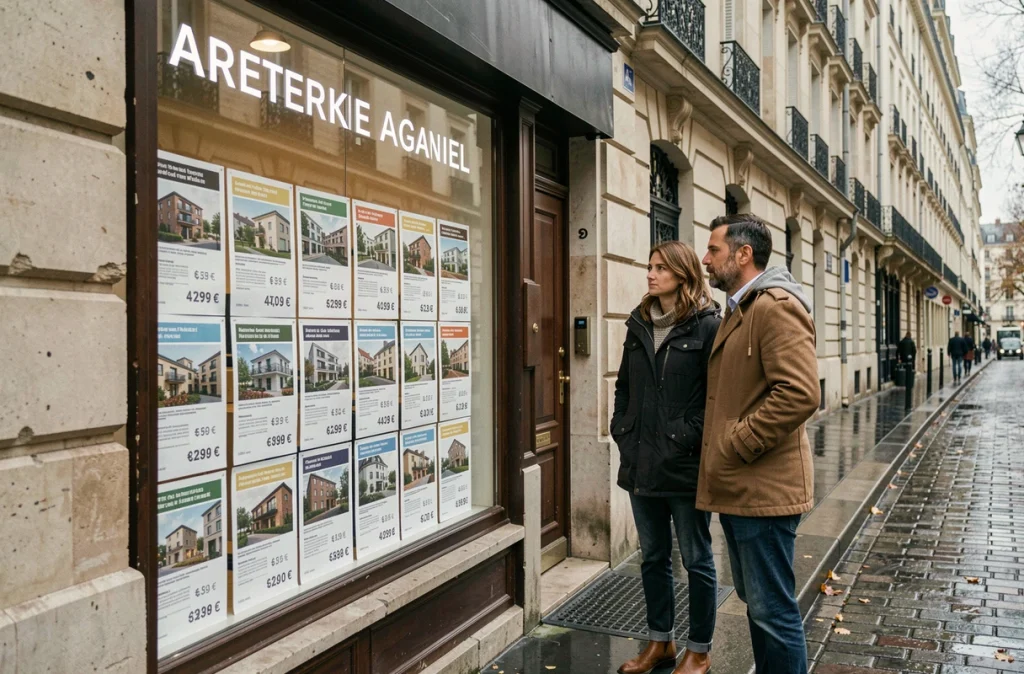 Couple devant une vitrine d'agence immobilière parisienne consultant les prix des appartements, illustrant l'inflation immobilière 2026