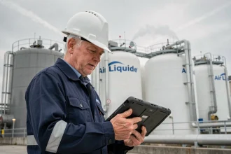 Ingénieur industriel analysant des données sur tablette devant des cuves de stockage de gaz cryogénique dans une installation Air Liquide