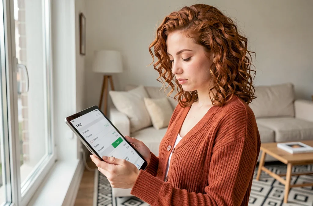 Jeune femme vérifiant les détails de sa facture Free sur tablette pour procéder à la réactivation de sa ligne suspendue