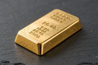 Lingot d'or 250g posé sur une surface en ardoise sombre avec poinçons et numéro de série visibles