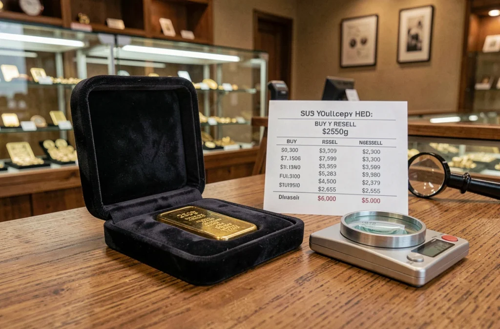 Lingot d'or 250g dans son écrin avec balance de précision et fiche de prix chez un revendeur de métaux précieux
