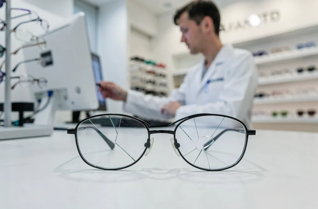 Lunettes cassées avec monture brisée posées sur le comptoir d'un opticien lors d'une consultation pour remplacement, liée à une assurance optique