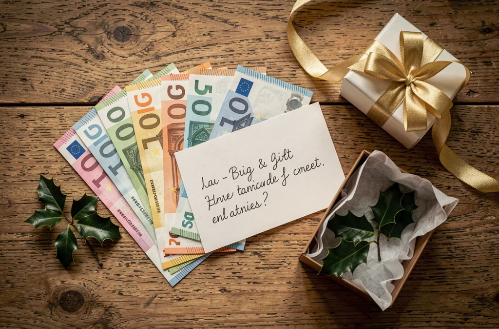 Vue de dessus d'une composition de billets en euros, d'une carte cadeau manuscrite et d'un ruban doré sur une table en bois pour Noël